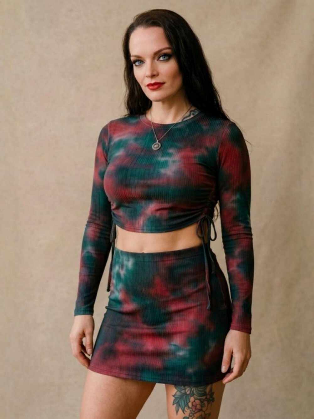 Clara Story ✦ Red Green Tie Dye Crop Top Mini Skirt Set ✦ Side Ruching L NWT